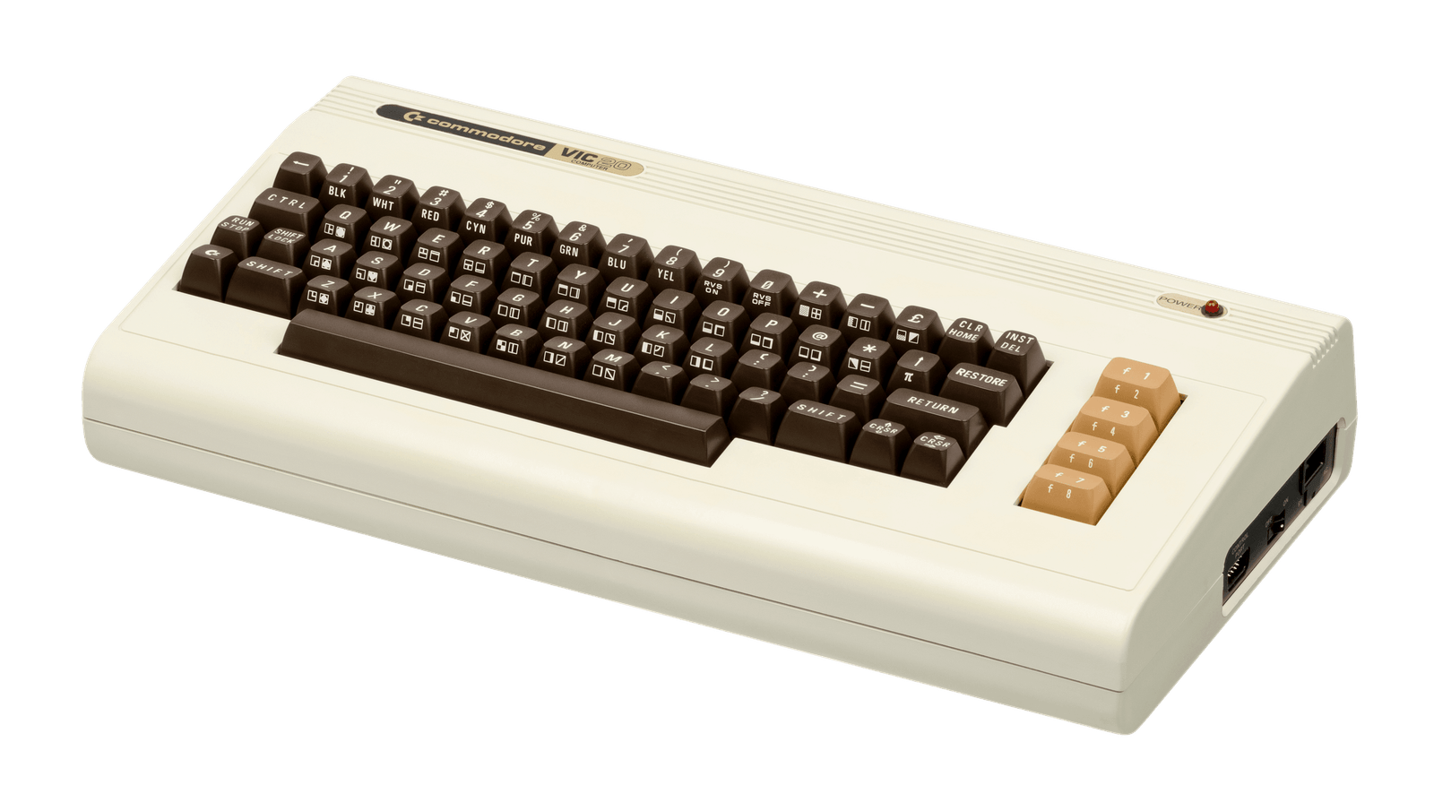 A Commodore VIC-20 home computer, a beige keyboard unit with brown keys