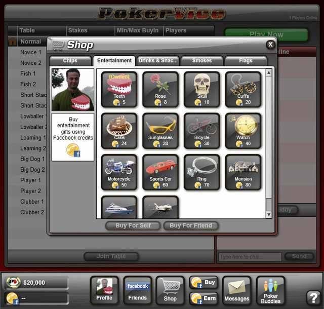 PokerVice social game interface