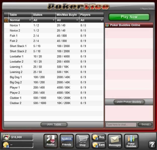 PokerVice poker room screen