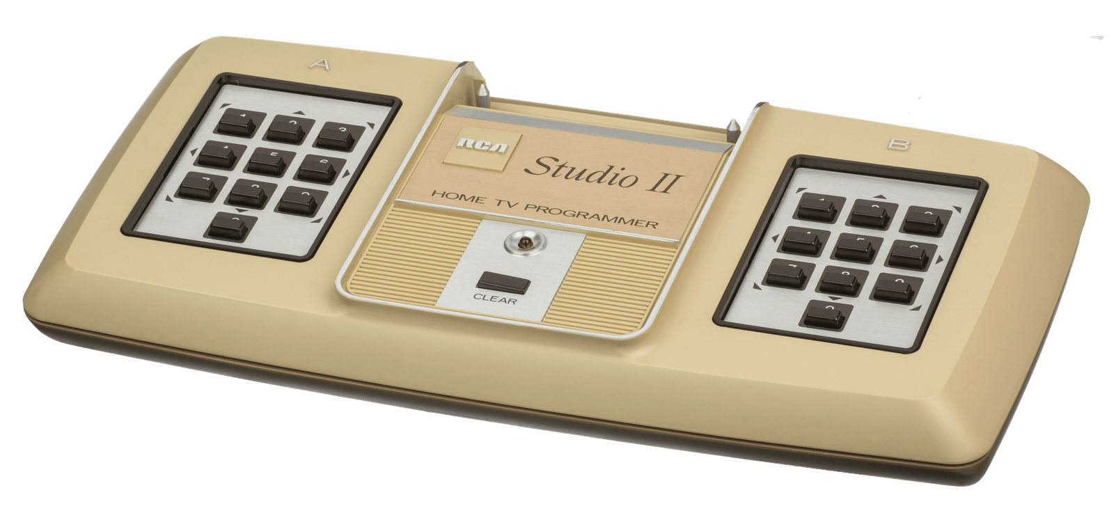 An RCA Studio II home console, a beige wedge with a numeric keypad at each end