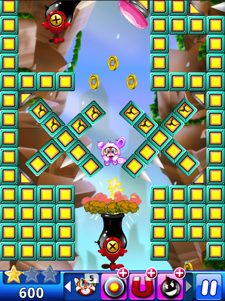 Kid Cannon in a purple outfit between rotating spike structures in a canyon level