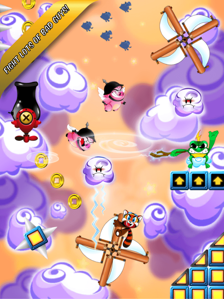 Kid Cannon rides a windmill through an orange cloud world crowded with flying pig enemies and scowling storm clouds