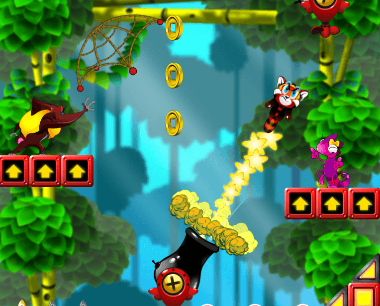 Kid Cannon launches through a green jungle level toward coins and animal enemies
