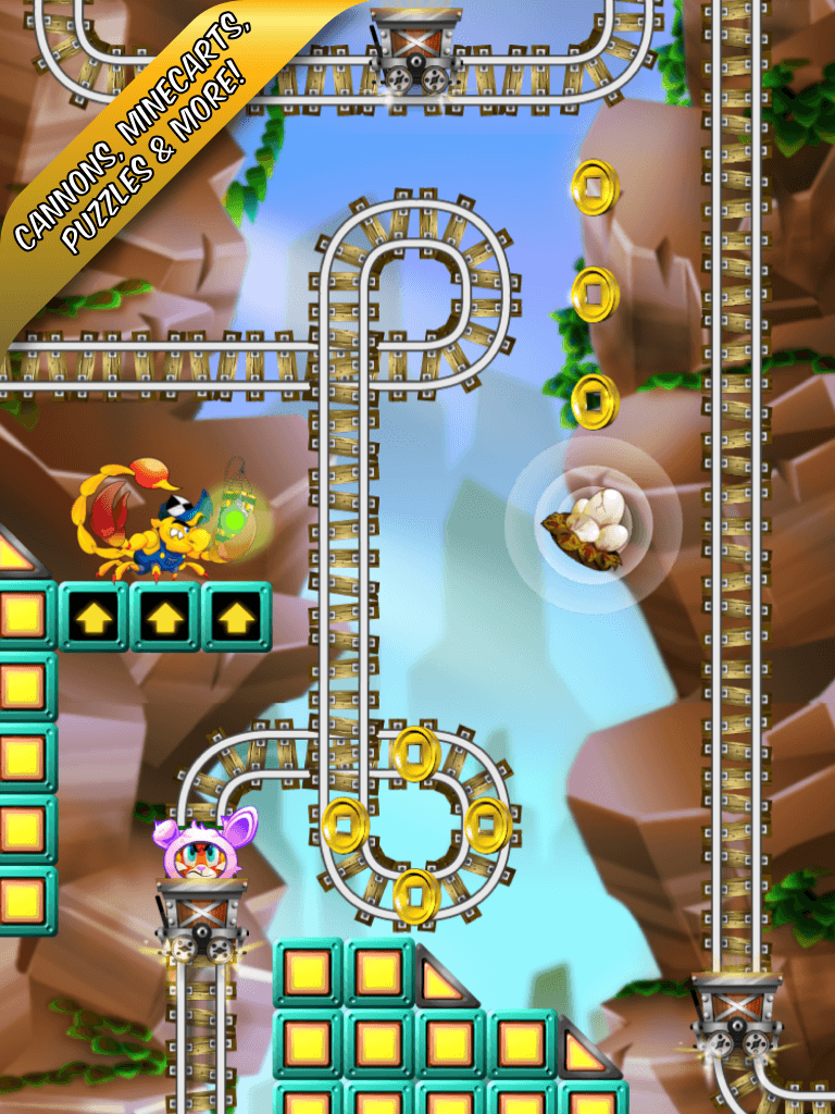 Kid Cannon beside looping minecart rails in a canyon, with coins, arrow blocks, a nest of eggs, and a rival riding a minecart