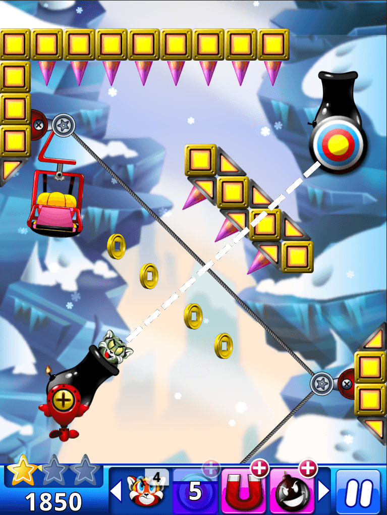 Kid Cannon aims from a cannon across a snowy level with ski lifts, spikes, and coins